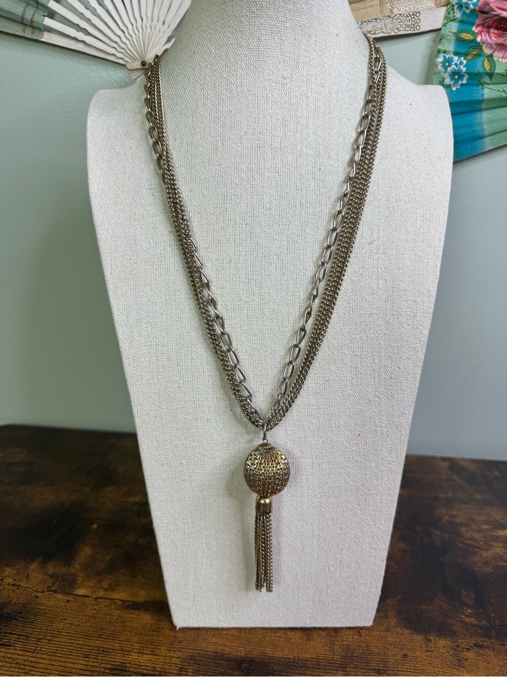 Vintage Gold Tone Multi-Chain Necklace With Ball Tassel Pendant 1970’s